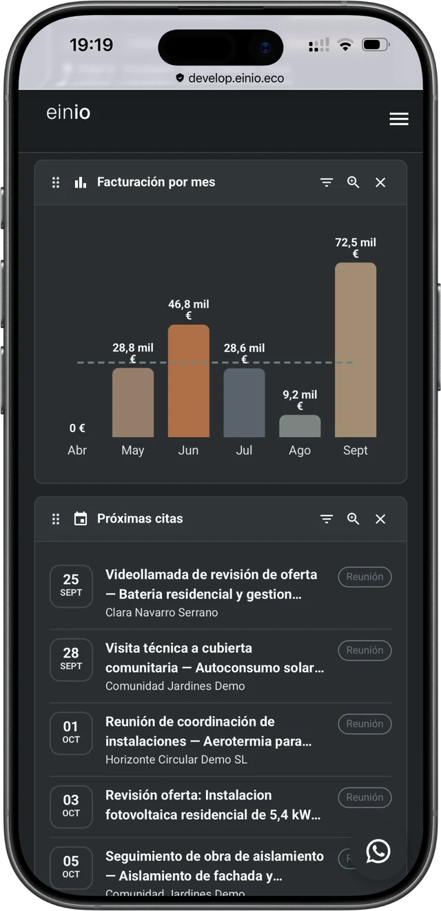 Gestión diaria del negocio en el móvil, en modo oscuro