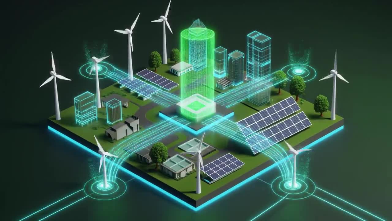 Animación isométrica de una ciudad sostenible: aerogeneradores, paneles solares y edificios conectados por flujos de energía